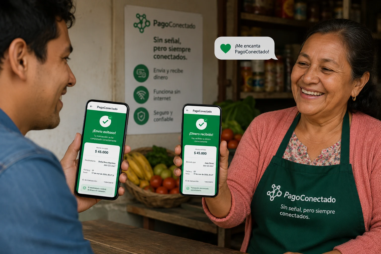 Buyer and shop owner showing matching PagoConectado transaction evidence on their phones